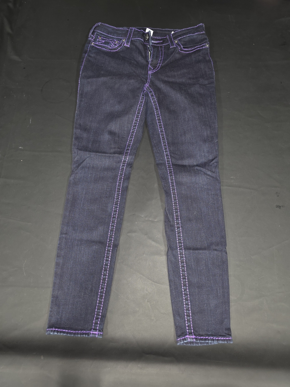 True Religion Dark Indigo Skinny Jeans with Purple Stitching